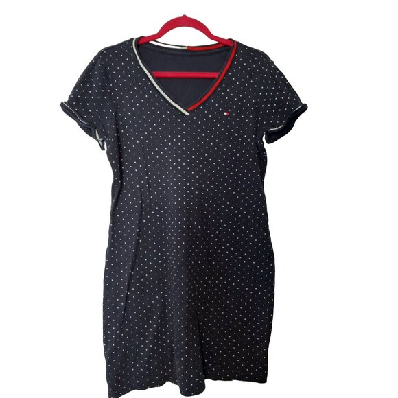 Tommy Hilfiger Womens Navy Polka Dot V-Neck Dress - Picture 2 of 5